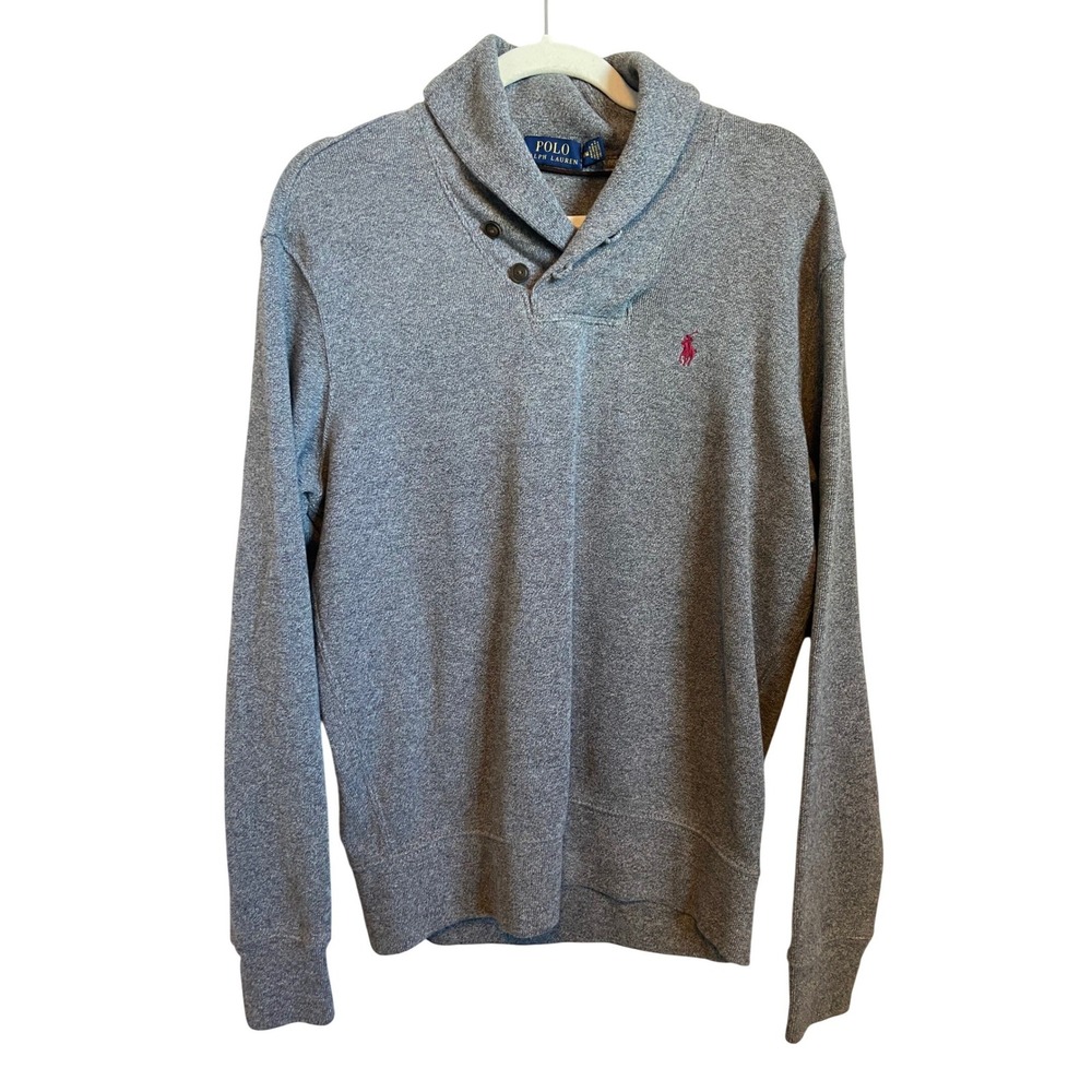 Polo Ralph Lauren Mens Gray Shawl Collar Button Pullover Cotton Sweater Size M